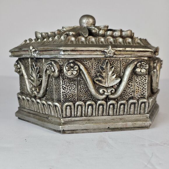 Baroque Ornate Jewelry Box Silver  Trinket Storage Holder For Keys/Change  Decor - Picture 2 of 12